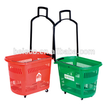 Plastic shopping basket with wheels,rolling shopping basket with castors